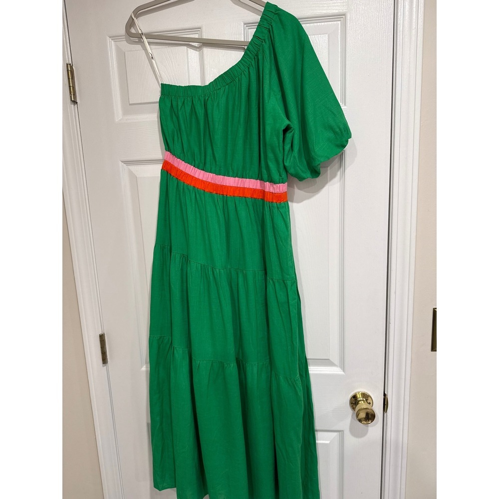 THML Green One Shoulder Tiered Maxi Dress Pink Orange Elastic Waist Medium